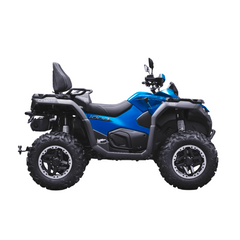Blue and black ATV on a white background