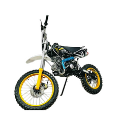 Small dirt bike with yellow wheels on a white background