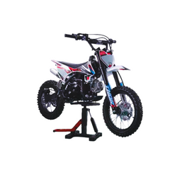 Children's dirt bike on a stand against a white background