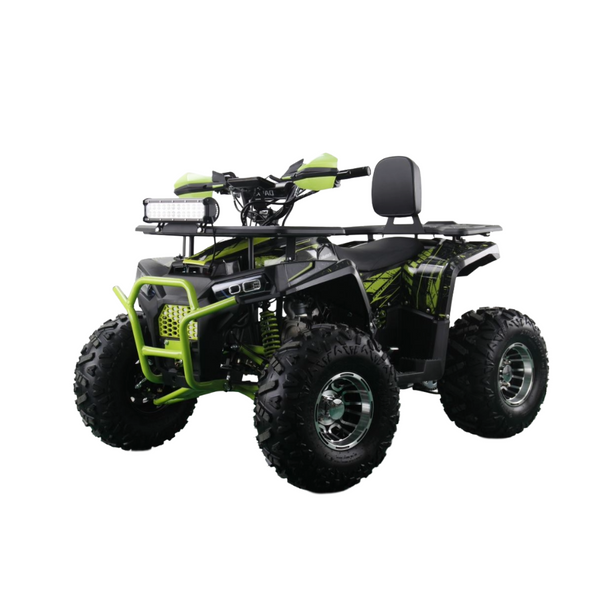 Green and black ATV on a white background