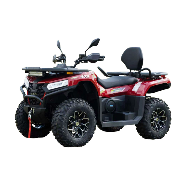 Red and black ATV on a white background