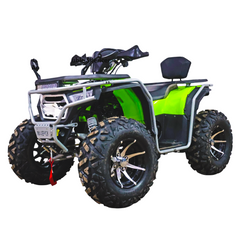Green and black ATV on a white background