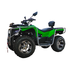 Green and black ATV on a white background