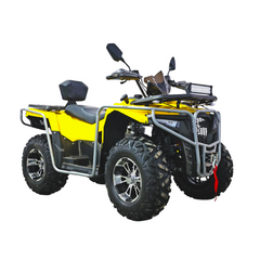 Yellow ATV with black seats on a white background