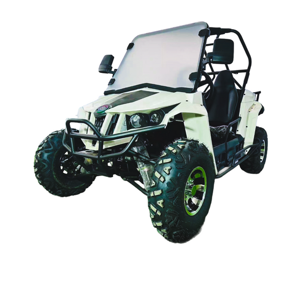 White off-road vehicle with large black tires on a white background
