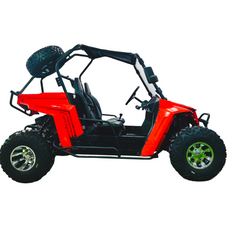 Red off-road vehicle with black seats on a white background